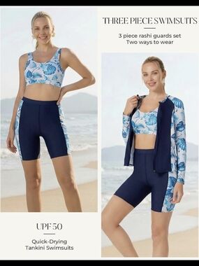 Blue Floral Three-Piece Tankini Swimsuit Set